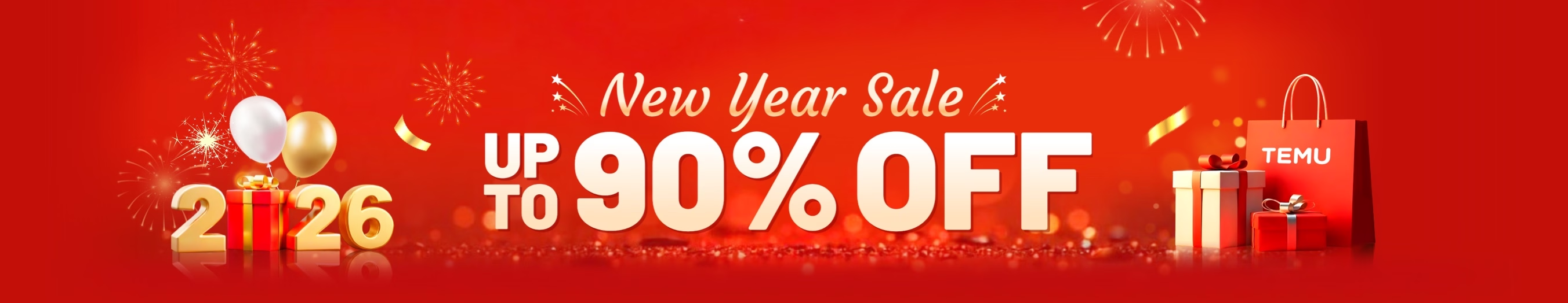 New Year Sale UP TO 90% OFF Banner with presents and balloons