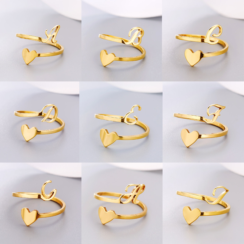 Three dimensional adjustable ring stainless steel with letters, European style, simple and elegant design