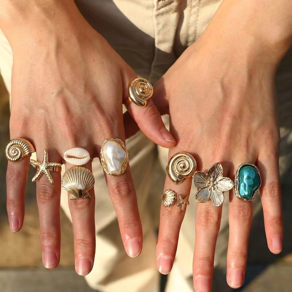 Ring, retro marine adjustable set, European style, flowered