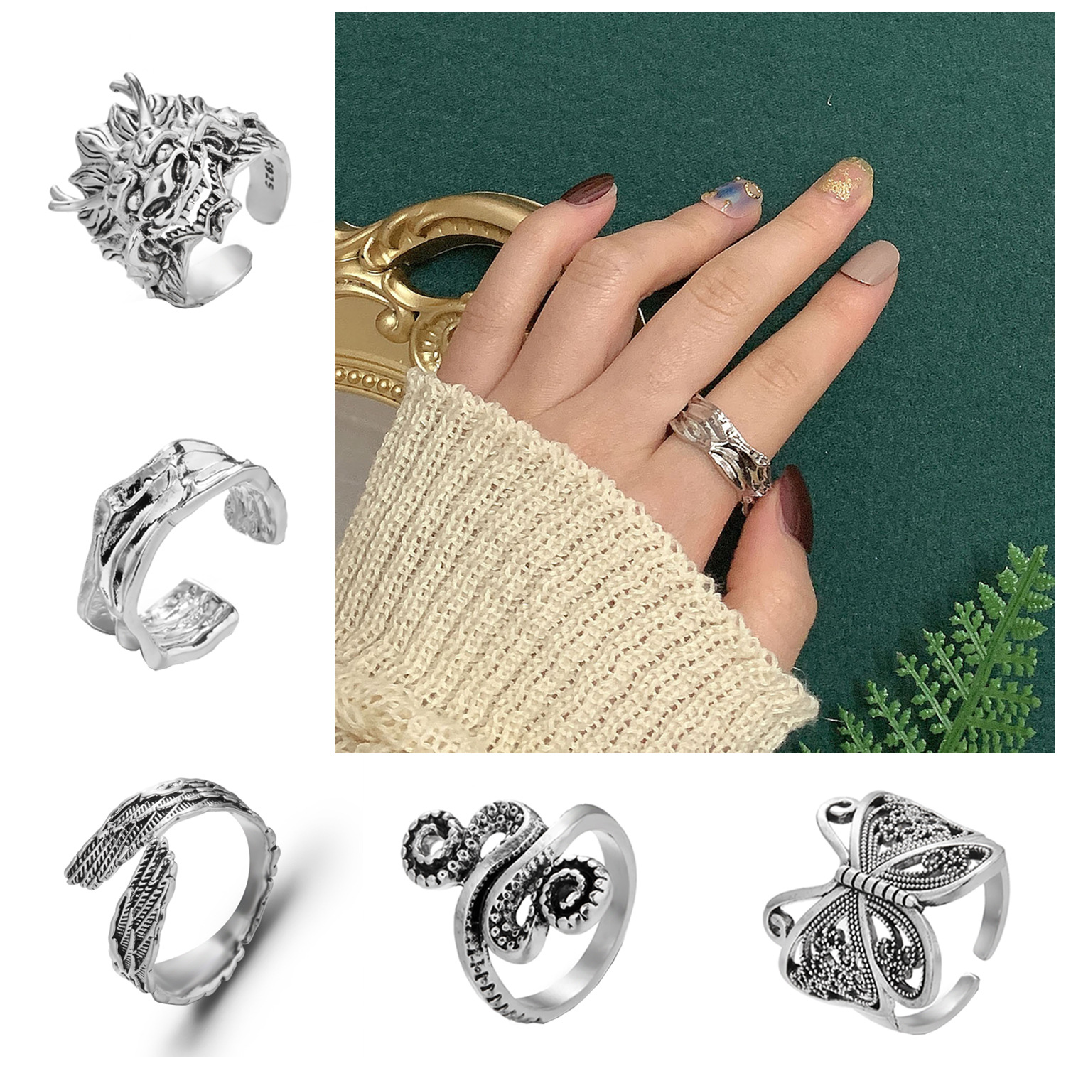 Cross -border hot -selling niche temperament, cold wind, personality retro hollow butterfly owl opening can adjust the ring ring ring