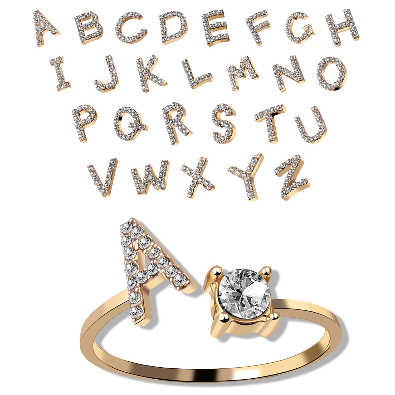 (Cross-border trading), adjustable gemstone ring with letters, high-quality style, English letters, for beloved