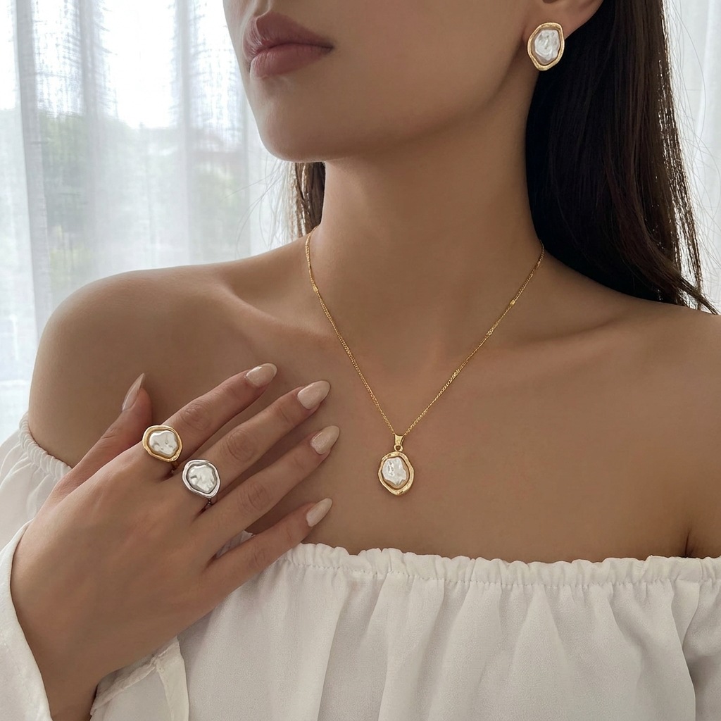 (Cross-border trading), necklace and earrings from pearl, ring, set, pendant, chain, light luxury style