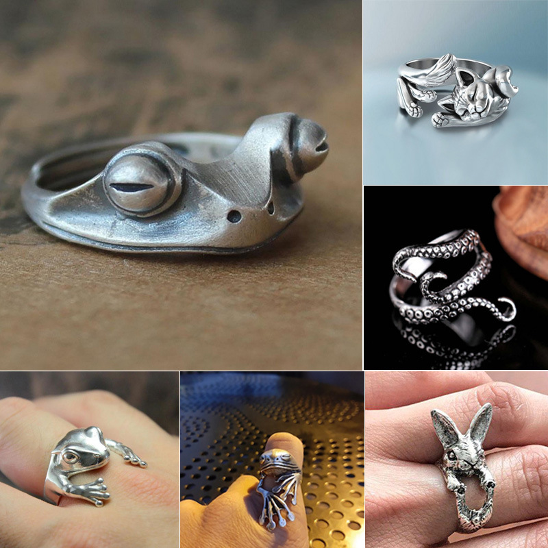 Cross -border hot -selling retro frog cats octopus big -eyed big claw ring personal animal opening can adjust the ring